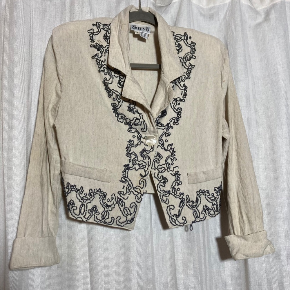 Surya Vintage Beaded Linen Cropped Blazer Jacket Beige Black S Artsy *Flawed*
